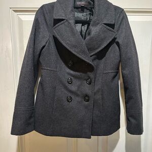 Wool Gray Peacoat Jacket with Double-Breasted Style and Wide Lapel Collar